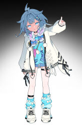  09_(ikmkmki) 1girl absurdres ahoge arm_up asymmetrical_legwear black_background black_choker black_ribbon blank_stare blue_bow blue_eyes blue_hair blue_leg_warmers blue_shirt bow braid cellphone chain choker commentary_request crossed_bangs earbuds_charging_case eyebrows_hidden_by_hair full_body gradient_background hair_bow hair_flaps hair_ornament hair_over_shoulder hairclip head_tilt heart heart_o-ring highres hololive hololive_dev_is hood hooded_jacket jacket leg_warmers light_frown lightning_ahoge lightning_bolt_symbol long_hair long_sleeves looking_at_viewer low_twin_braids mizumiya_su mizumiya_su_(1st_costume) multicolored_hair o-ring o-ring_choker o-ring_thigh_strap open_clothes open_jacket parallel_hairclips phone platform_shoes pointing pointing_forward pom_pom_(clothes) purple_streaks ribbon shaded_face shadow shirt shoes sidelocks skindentation smartphone smartphone_case sneakers solo streaked_hair thigh_strap torn_clothes torn_shirt twin_braids two-tone_hair unamused uneven_legwear virtual_youtuber white_background white_bow white_jacket white_shoes x_hair_ornament 
