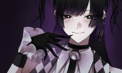  1girl black_eyes black_gloves black_hair bright_pupils checkered_clothes commentary_request fujimine_(madan_no_ichi) gloves light_smile long_hair looking_at_viewer madan_no_ichi mole mole_under_each_eye mole_under_eye multiple_moles nails_visible_through_gloves o-ring portrait solo two_side_up white_pupils yomi_dayoo 