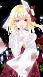  1girl alternate_costume black_background blonde_hair bow commentary_request commission crystal_wings flandre_scarlet floral_print flower hair_bow highres ibispaint_(medium) juliet_sleeves long_hair long_sleeves marimohu_starry missing_headwear open_mouth puffy_sleeves red_bow red_eyes red_flower red_nails red_rose red_skirt rose sash shards shirt side_ponytail skirt solo sparkle touhou variant_set white_shirt wings yellow_bow yellow_sash 