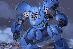  absurdres chain_mine clenched_hand commentary cosmo-5 eye_trail feet_out_of_frame glowing glowing_eye gundam gundam_0080 highres holding horns kampfer_(mobile_suit) light_trail mecha mecha_focus mobile_suit no_humans one-eyed robot science_fiction shoulder_spikes signature single_horn solo sparks spikes standing thrusters violet_eyes zeon 