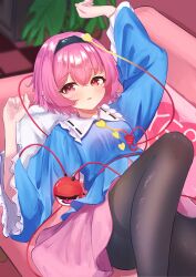  1girl black_hairband blue_shirt breasts brown_pantyhose buttons checkered_floor collared_shirt commentary_request couch disembodied_linked_eye eyeball frilled_shirt_collar frilled_sleeves frills hair_ornament hairband heart heart_button heart_hair_ornament highres komeiji_satori long_sleeves looking_at_viewer lying on_back on_couch open_mouth pantyhose pico_kimuchi pink_eyes pink_hair pink_skirt ribbon-trimmed_collar ribbon_trim shirt short_hair skirt small_breasts solo touhou wide_sleeves 