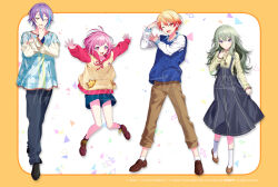  2boys 2girls ;d black_pants black_shoes blonde_hair blue_dress blue_hair blue_sweater_vest brown_pants brown_shoes commentary_request dress full_body gradient_hair green_hair green_shirt highres jewelry kamishiro_rui kusanagi_nene layered_shirt multicolored_hair multiple_boys multiple_girls murakami_yuichi necklace official_art one_eye_closed ootori_emu orange_eyes orange_hair pants pink_eyes pink_hair project_sekai purple_hair shirt shoes smile streaked_hair sweater_vest tenma_tsukasa tongue triangle two-tone_hair violet_eyes watermark white_shirt wonderlands_x_showtime_(project_sekai) yellow_eyes 