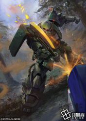  axe commentary_request company_name copyright_logo copyright_name copyright_notice fighting forest gundam gundam_0080 gundam_alex gundam_card_game hayaken_sarena heat_hawk holding holding_axe holding_weapon legs_apart logo mecha mecha_focus mobile_suit nature no_humans official_art one-eyed robot science_fiction shoulder_spikes signature solo_focus sparks spikes standing sunrise_(company) tree violet_eyes weapon zaku_ii_fz_kai 