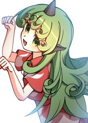  1girl commentary_request curly_hair green_eyes green_hair highres horns illust_atelier3 kariyushi_shirt komainu_girl komano_aunn long_hair looking_at_viewer one-hour_drawing_challenge open_mouth paw_pose red_shirt shirt short_sleeves shorts single_horn smile solo touhou very_long_hair white_shorts 