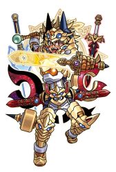  1boy armor armored_boots blonde_hair blue_horns boots dual_wielding earrings fangs floating floating_object floating_sword floating_weapon gauntlets gold_armor gold_gloves gold_trim harakawa_mitsuhiro helmet holding holding_sword holding_weapon horns jewelry magic_circle mark_under_eye maxius official_art open_mouth pants pointy_ears red_eyes sanpaku shinrabanshou shirt short_hair solo sword teeth third-party_source transparent_background weapon 