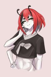  1girl antennae beastiez beri_(beribug) black_sclera closed_mouth colored_sclera colored_skin commentary english_commentary extra_arms fsteakk green_eyes jeogori_(clothes) ladybug_girl looking_at_viewer multicolored_eyes multicolored_hair navel red_eyes red_hair smile virtual_youtuber 