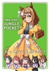  6+girls absurdres agnes_tachyon_(umamusume) ahoge animal_ears bag black_hair blush bow breasts brown_hair burger character_name checkered_ribbon closed_eyes closed_mouth coat commentary_request dantsu_flame_(umamusume) dress ear_covers ear_ribbon ear_tag earrings food fuji_kiseki_(umamusume) gloves grimmyhiji hair_between_eyes hairband handbag happy_birthday highres holding holding_beaker holding_burger holding_food horse_ears horse_girl horse_tail huge_ahoge jam_(umamusume) jewelry jungle_pocket_(umamusume) lab_coat long_bangs long_hair long_hair_between_eyes long_sleeves manhattan_cafe_(umamusume) medium_hair multicolored_hair multiple_girls necklace notched_ear open_mouth pink_hairband red_eyes shirt short_hair single_earring tail tosen_jordan_(umamusume) twintails umamusume very_long_hair white_bow white_coat white_hair yellow_dress yellow_eyes yellow_gloves 