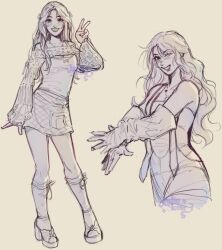  1girl artist_name block_heels commentary contrapposto english_commentary gloves greyscale grin hand_up highres june_(junionotice) long_hair long_sleeves looking_at_viewer minecraft_youtube miniskirt monochrome multiple_views quackity_smp shoes shrug_(clothing) simple_background sketch skirt smile standing tank_top tinakitten v wavy_hair 