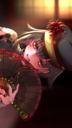  1boy aegyo_sal black_hair flower hand_fan hat hat_flower highres indie_virtual_youtuber jewelry looking_at_viewer male_focus nail_polish peaked_cap pirokitoru red_eyes ring shinoshima_raise short_hair sideways smile solo spider_lily upper_body virtual_youtuber 
