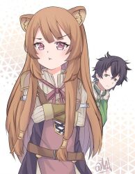  1boy 1girl :t animal_ear_fluff animal_ears armor artist_request belt black_dress black_hair black_shirt blunt_bangs breastplate brown_armor brown_belt brown_gloves brown_hair cloak closed_eyes collared_dress collared_shirt commentary crossed_arms derivative_work dress elbow_gloves english_commentary frown fur-trimmed_collar fur_trim gloves green_cloak green_eyes hair_tubes high_collar iwatani_naofumi layered_dress leather leather_armor leather_gloves long_hair long_sleeves looking_at_another messy_hair metal_arm_cuffs metal_hair_tubes neck_ribbon parody pauldrons pink_eyes pout raccoon_ears raccoon_girl raphtalia red_dress red_ribbon ribbon shirt short_hair shoulder_armor simple_background single_pauldron sleeveless sleeveless_dress tate_no_yuusha_no_nariagari third-party_source two-tone_dress upper_body v-shaped_eyebrows white_background white_dress yellow_trim 