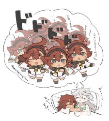  2girls :3 absurdres ahoge animal_ears asticassia_school_uniform bad_id bad_twitter_id black_hairband chibi chibi_only clone closed_eyes dreaming gundam gundam_suisei_no_majo hairband hamu_(hamusand) highres hug kemonomimi_mode long_hair miorine_rembran multiple_girls open_mouth raccoon_ears red_hair running school_uniform shirt shorts shoulder_boards sleeping speech_bubble suletta_mercury thick_eyebrows thought_bubble translation_request white_background white_shirt white_shorts 