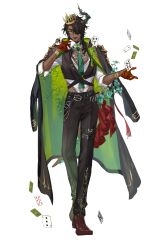  1boy :d absurdres alternate_costume aragami_oga artist_request belt belt_buckle black_belt black_coat black_hair black_pants black_vest bracelet brown_shoes buckle card chungami clothing_cutout clover_brooch coat coat_on_shoulders collared_coat commentary_request contrast_lapels creature creature_on_shoulder cropped_vest dark-skinned_male dark_skin demon_horns detached_collar eyepatch floating_card full_body gloves gold_bracelet gold_bracer green_coat green_eyes green_necktie hair_over_one_eye half_gloves hand_up highres hip_vent holding holding_card holostars horn_ornament horns jewelry lapel_pin lapels leaf leaf_print looking_at_viewer male_focus medium_hair necktie notched_lapels official_art omaesan_(aragami_oga) on_shoulder one_eye_covered open_hand oxfords pants partially_unbuttoned plant playing_card pointed_crown print_coat print_pants red_gloves red_sash sash second-party_source sharp_teeth sheath sheathed shirt shoes short_hair simple_background single_horn sleeves_rolled_up smile solo standing sword tassel teeth thigh_belt thigh_strap two-sided_coat two-sided_fabric vest vines virtual_youtuber wallet_chain weapon white_background white_shirt wolf_cut 