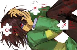  138x562 1other androgynous brown_hair brown_pants collared_shirt colored_skin deltarune english_text from_side green_sweater highres kris_(deltarune) long_sleeves looking_at_viewer pants red_eyes shaded_face shirt shirt_under_sweater short_hair solo sweat sweater utdr_(toby_fox) white_shirt yellow_skin 