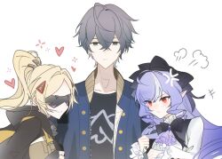  1boy 2girls anger_vein ascot black_shirt blindfold_mask blonde_hair blue_jacket bow bowtie closed_mouth collarbone commentary covered_eyes crossed_bangs drill_hair drill_sidelocks english_commentary gem glowing_mask grey_hair hair_between_eyes hair_ornament hairband heart highres jacket long_hair mask multiple_girls pointy_ears ponytail purple_ascot purple_bow purple_bowtie purple_gem purple_hair purple_hairband red_eyes shirt short_hair shrug_(clothing) sidelocks smile triangle_hair_ornament trigger_(zenless_zone_zero) vivian_banshee white_shrug wise_(zenless_zone_zero) zenless_zone_zero zz0vivianart 
