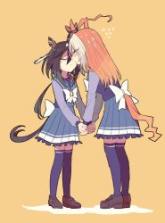  2girls ahoge animal_ears back_bow black_hair bow bowtie brown_shoes commentary_request ear_bow ear_covers feather_hair_ornament feathers flying_sweatdrops hair_ornament height_difference horse-drawn horse_ears horse_girl huge_ahoge kiss loafers long_hair long_sleeves low_ponytail multiple_girls musibayokunare orange_hair oriental_art_(racehorse) original personification pleated_skirt ponytail purple_sailor_collar purple_shirt purple_skirt purple_thighhighs sailor_collar school_uniform shirt shoes skirt stay_gold_(umamusume) thigh-highs tracen_school_uniform umamusume white_bow white_bowtie white_hair winter_uniform yuri 