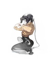  1girl absurdres ankle_boots black_bodysuit black_boots black_gloves bodysuit boots brown_jacket cable cyborg fingerless_gloves from_side ghost_in_the_shell gloves head-mounted_display highres jacket kanji_(nievart) kusanagi_motoko long_sleeves on_one_knee profile purple_hair short_hair simple_background solo white_background 