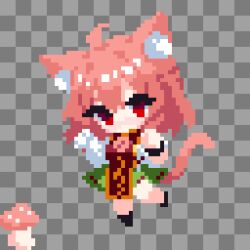  1girl animal_ears bandaged_arm bandages bun_cover cat_ears chibi cuffs flower highres ibaraki_kasen looking_at_viewer pink_eyes pink_hair pixel_art red_eyes shirt short_hair skirt solo tabard takeez3 touhou 