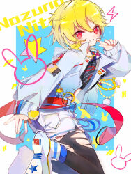  1boy absurdres androgynous baoshi_xiao_niao belt black_leggings blonde_hair blue_background blue_shoes chain character_name commentary ensemble_stars! gold_chain grey_jacket highres jacket leggings male_focus multicolored_shoes nito_nazuna rabbit red_belt red_eyes shoes shorts smile solo star_(symbol) teeth torn_clothes torn_leggings two-tone_background white_background white_shoes white_shorts 