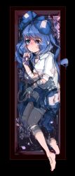  1girl bandaged_leg bandages bandaid barefoot blue_eyes blue_hair blue_skirt closed_mouth commentary flower flower_request highres hood hood_down hoodie long_hair makihako_bunko puffy_short_sleeves puffy_sleeves ripples rope short_sleeves skirt solo touhou white_hoodie yorigami_shion 