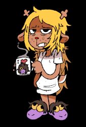  1girl animal_ears animal_slippers antlers bags_under_eyes blonde_hair brown_fur character_print coffee_mug cup deer_ears deer_tail deltarune exhausted freckles frown furry furry_female half-closed_eyes highres holding holding_cup horns iluvrabbitz messy_hair mug nightgown noelle_holiday print_cup red_nose reindeer_antlers reindeer_girl reptile_girl sleepy slippers solo steam steaming_cup susie_(deltarune) tail utdr_(toby_fox) waking_up white_gown wrinkled_fabric 