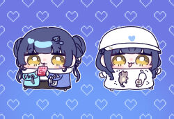  1girl :3 :d animal_print blue_background blue_hair blue_jacket blush_stickers braid bright_pupils cat_print chibi chibi_only closed_mouth commentary_request double_bun drink_carton drinking drinking_straw full_body gangzi_(vtuber) hair_bun hat heart heart_background holding holding_drink_carton holding_milk_carton jacket long_hair long_sleeves milk_carton multiple_views open_clothes open_jacket open_mouth outline print_shirt shirt short_sleeves smile standing stellive twin_braids twintails virtual_youtuber white_hat white_outline white_pupils white_shirt yananang yellow_eyes 