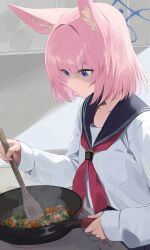  1girl absurdres animal_ear_fluff animal_ears black_sailor_collar blue_archive blue_eyes blue_halo commentary_request cooking evening_rabbit food fox_ears fox_girl frying_pan halo highres holding holding_frying_pan neckerchief niko_(blue_archive) pink_hair red_neckerchief sailor_collar school_uniform shaded_face short_hair solo spatula stove 