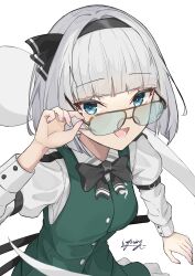  1girl absurdres adjusting_eyewear arm_belt aviator_glasses bespectacled black_bow black_bowtie black_hairband blue_eyes bow bowtie breasts collared_shirt commentary_request glasses green_skirt green_vest grey_hair hairband hand_on_eyewear harumomiji highres hitodama hitodama_print konpaku_youmu konpaku_youmu_(ghost) long_sleeves looking_at_viewer medium_breasts medium_hair open_mouth shirt signature simple_background skirt smile solo touhou vest white_background white_shirt 