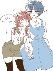  2girls ^_^ black_thighhighs blue_dress blue_hair blush blush_stickers braid brown_dress brown_eyes closed_eyes commentary_request dress fuurinkan_high_school_uniform hairband hand_blush heart hibiki_yoiko highres jay_03010 korean_text locked_arms multiple_girls open_mouth ranma_1/2 red_hair saotome_ranma saotome_ranma_(female) school_uniform short_hair small_sweatdrop speech_bubble tendou_akane thigh-highs translation_request twin_braids white_hairband yuri 
