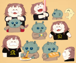  1girl 2others alien animal_ears bone_hair_ornament bread chibi dog_ears energy_sword food fork fruit hair_ornament holding holding_food holding_fork holding_weapon hololive inugami_korone lemon lightsaber listener_(inugami_korone) multiple_others plate plusma red_lightsaber rodian spaghetti_strap star_wars sweat sweatdrop sword weapon 