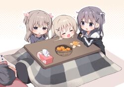  1boy 3girls :d :o =_= absurdres black_jacket black_shirt blunt_bangs blush brother_and_sister brown_hair cat_hair_ornament closed_eyes closed_mouth collared_shirt commentary_request drooling food fruit fumi_(takepoison) grey_hair hair_behind_ear hair_between_eyes hair_ornament hair_ribbon hairclip half-closed_eyes head_on_pillow heart highres jacket kotatsu long_hair lying mandarin_orange medium_hair mouth_drool moyu_(takepoison) multiple_girls nitori_(takepoison) on_side open_clothes open_jacket open_mouth original outline parallel_hairclips pillow pink_ribbon polka_dot polka_dot_background ribbon shirt siblings sidelocks simple_background sisters sleeping sleepy sleeves_past_wrists smile squeans table takepoison tissue_box track_jacket two_side_up under_kotatsu under_table upper_body violet_eyes white_background white_outline white_shirt yui_(takepoison) zzz 