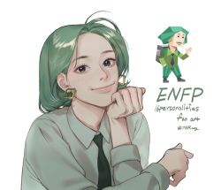  16personalities 1girl 7hrang aegyo_sal campaigner_(16personalities) clenched_hand closed_mouth collared_shirt copyright_name earrings english_text green_eyes green_hair green_necktie green_shirt hand_on_own_face hand_up head_rest highres jewelry light_blush long_sleeves looking_at_viewer myers-briggs_type_indicator necktie official_art_inset parted_bangs portrait reference_inset shirt short_hair simple_background smile solo third-party_source twitter_username white_background 