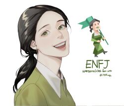  16personalities 1girl 7hrang :d aegyo_sal black_hair breasts collared_dress copyright_name dress earrings english_text green_dress green_eyes hair_pulled_back happy highres jewelry lips long_hair looking_at_viewer low_ponytail medium_breasts myers-briggs_type_indicator official_art_inset open_mouth ponytail portrait protagonist_(16personalities) reference_inset simple_background smile solo teeth third-party_source tongue twitter_username upper_teeth_only white_background 