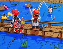  2boys absurdres bag black_bag black_boots blue_pants boots bridge cattail charmeleon cigarette claws commentary english_commentary fire fisher_(pokemon) fishing fishing_rod flame-tipped_tail goldeen great_ball hat highres holding holding_fishing_rod horsea krabby lily_pad magikarp megatonslater multiple_boys pants pikachu plant poke_ball pokemon pokemon_red/green/blue/yellow poliwag red_(pokemon) red_hat sign slowpoke smoking tail walking 