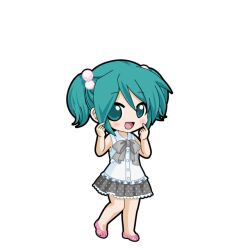  1girl :d aqua_eyes aqua_hair black_outline blush bow bowtie chibi chibi_only frilled_shirt frills full_body game_asset grey_bow grey_bowtie grey_skirt hair_bobbles hair_ornament hatsune_miku hatsune_miku_graphy_collection looking_at_viewer miniskirt open_mouth outline pink_sandals pleated_skirt pointing pointing_at_self polka_dot polka_dot_skirt sandals shirt short_twintails skirt sleeveless sleeveless_shirt smile solo standing transparent_background twintails vocaloid white_shirt 