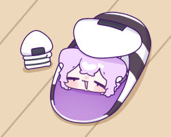  1girl :d animal_ear_fluff animal_ears black_slippers blush_stickers cat_ears cat_girl chibi chibi_only closed_eyes commentary_request crossed_bangs double-parted_bangs hair_between_eyes hololive in_shoe nekomata_okayu onigirya_(nekomata_okayu) open_mouth purple_hair short_hair slippers smile striped_clothes striped_footwear virtual_youtuber wooden_floor yananang 
