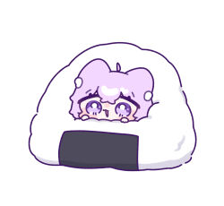  1girl :3 :d ahoge animal_ear_fluff animal_ears blush_stickers bright_pupils cat_ears cat_girl chibi chibi_only commentary_request crossed_bangs double-parted_bangs food hair_between_eyes hololive in_food nekomata_okayu onigiri open_mouth purple_hair short_hair simple_background smile solo violet_eyes virtual_youtuber white_background white_pupils yananang 