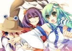  amanooni_touri armpits bad_id blonde_hair blue_eyes breasts detached_sleeves eyes green_hair hair_ornament hat highres japanese_clothes kochiya_sanae long_hair miko moriya_suwako purple_eyes purple_hair rope short_hair touhou yasaka_kanako yellow_eyes 