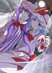  2girls bat_wings blue_bow blue_hair bow bowtie closed_mouth commentary_request crescent crescent_hat_ornament dress eichi_yuu full_moon hair_bow hat hat_ornament hat_ribbon looking_at_viewer mob_cap moon multiple_girls night patchouli_knowledge pink_hat purple_dress purple_hair red_bow red_bowtie red_eyes red_wrist_cuffs remilia_scarlet ribbon shirt skirt skirt_set sleeve_bow smile striped_clothes striped_dress touhou vertical-striped_clothes vertical-striped_dress violet_eyes white_hat white_shirt white_skirt wings wrist_cuffs yuri 