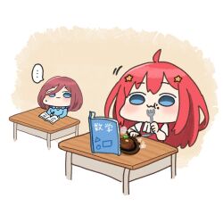  ... 2girls :t ahoge akino_ell blue_eyes blue_sweater blush_stickers brown_hair chibi closed_mouth commentary_request desk food food_on_face fork go-toubun_no_hanayome hair_ornament hair_over_one_eye headphones headphones_around_neck holding holding_fork holding_knife knife long_hair multiple_girls nakano_itsuki nakano_miku red_hair school_desk shirt short_sleeves small_sweatdrop spoken_ellipsis star_(symbol) star_hair_ornament steak sweat sweater sweater_vest very_long_hair wavy_mouth white_shirt 