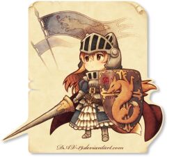  1girl animal_ears armor blue_dress brown_eyes cape chibi chibi_only commentary dav-19 dress english_commentary flag fox fox_ears fox_girl frilled_dress frills helmet holding holding_polearm holding_shield holding_weapon knight lance long_hair orange_hair original patricia_(dav-19) polearm red_cape shield solo transparent_background weapon web_address 