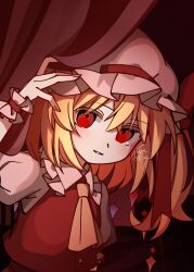  1girl ascot blonde_hair collared_shirt commentary_request crystal crystal_wings curtains flandre_scarlet frilled_shirt_collar frilled_wrist_cuffs frills grin hat hat_ribbon highres illust_atelier3 mob_cap multicolored_wings one-hour_drawing_challenge one_side_up red_eyes red_vest red_wrist_cuffs ribbon shirt signature smile solo touhou upper_body vest white_hat white_shirt wings wrist_cuffs yellow_ascot 