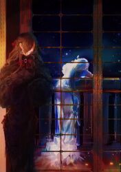  1boy against_railing balcony black_dress chest_bow clone commentary crossdressing crossdressing_(mtf) dress earrings faceless fireflies floral_print floral_print_dress full_body fur_scarf gem hair_over_one_eye highres jewelry long_dress long_hair natsuki_subaru natsumi_schwarz print_dress purple_gem railing re:zero_kara_hajimeru_isekai_seikatsu red_ribbon ribbon solo untranslatable_commentary window wolffayourdad 