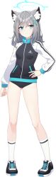  1girl abydos_high_school_logo abydos_high_school_sportswear animal_ear_fluff animal_ears aqua_trim artist_request black_buruma black_jacket black_shoes blue_archive blue_eyes blue_halo breasts buruma cross cross-laced_shoes cross_hair_ornament full_body game_asset grey_hair hair_ornament halo hand_on_own_hip highres hwansang inverted_cross jacket looking_at_viewer medium_breasts medium_hair mismatched_pupils official_alternate_costume official_art shiroko_(blue_archive) shoes simple_background socks solo standing tachi-e third-party_source track_jacket transparent_background turtleneck turtleneck_jacket white_jacket white_socks wolf_ears 