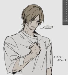  ... 1boy art_program_in_frame bandaid bandaid_on_arm beard_stubble borrowed_clothes clenched_hand expressionless facial_hair flat_color guozhihanliangweida_10 hand_on_own_chest leon_s._kennedy oversized_clothes oversized_shirt resident_evil resident_evil:_vendetta screenshot shirt short_hair spoken_ellipsis stubble t-shirt upper_body 