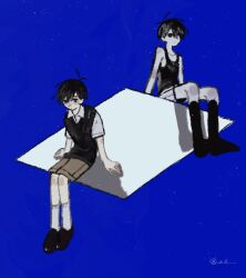  2girls antenna_hair black_eyes black_hair black_shoes black_socks black_sweater_vest black_tank_top blue_background bright_pupils brown_shorts closed_mouth collared_shirt colored_skin double-parted_bangs dual_persona hair_between_eyes highres kneehighs male_focus multiple_girls nill_(nill) omori omori_(omori) shirt shoes short_hair short_sleeves shorts simple_background sitting socks striped_clothes striped_shorts sunny_(omori) sweater_vest tank_top twitter_username vertical-striped_clothes vertical-striped_shorts white_pupils white_shirt white_shorts white_skin white_socks 
