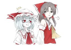  2girls aizettonagi ascot bags_under_eyes bow brown_eyes brown_hair collared_shirt cropped_torso detached_sleeves fang frilled_bow frilled_hair_tubes frills grey_hair hair_bow hair_tubes hakurei_reimu half-closed_eyes hat hat_ribbon highres long_hair looking_to_the_side mob_cap multiple_girls open_mouth puff_of_air red_eyes remilia_scarlet ribbon shirt short_hair sleeveless sleeveless_shirt smile touhou 