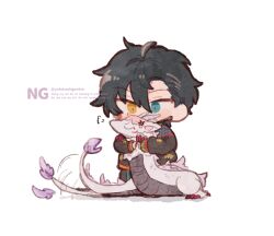  1boy anger_vein black_hair closed_eyes commentary_request covered_mouth dragon earrings ensemble_stars! green_eyes heterochromia itsuki_shu jewelry kagehira_mika long_sleeves official_alternate_costume official_alternate_hairstyle orange_eyes ougonten_(ensemble_stars!) pink_hair short_hair simple_background tail tail_wagging valkyrie_(ensemble_stars!) watermark white_background z_(yofukashigenkin) zodiac_2_(ensemble_stars!) 