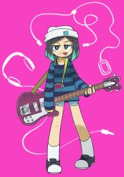  1girl :p absurdres aqua_hair beanie black_hair black_shoes blue_shirt closed_mouth commentary dishwasher9 electric_guitar full_body guitar guitar_strap hat highres holding holding_guitar holding_instrument instrument long_sleeves looking_at_viewer medium_hair multicolored_hair original pink_background raised_eyebrow shirt shoes shorts simple_background socks solo standing striped_clothes striped_shirt tongue tongue_out torn_clothes torn_shorts two-tone_hair white_hat white_socks 