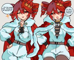  1girl aki_achimara_xd alternate_costume belt cape crown hand_on_own_hip hands_on_own_hips kasane_teto multiple_views red_cape red_eyes red_hair shirt shorts sparkling_eyes utau white_shirt white_shorts yellow_collar 