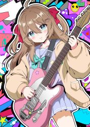  1girl ahoge aqua_bow aqua_bowtie badge black_nails blue_eyes blue_sailor_collar blue_skirt bow bowtie button_badge cardigan closed_mouth commentary_request cowboy_shot grey_shirt guitar hair_between_eyes hair_ornament hair_ribbon heart heart-shaped_pupils heart_hair_ornament highres holding holding_guitar holding_instrument instrument laika2slip long_hair long_sleeves looking_at_viewer miniskirt nail_polish neuro-sama neuro-sama_(1st_costume) open_cardigan open_clothes pleated_skirt print_guitar red_ribbon ribbon sailor_collar shirt skirt smile solo symbol-shaped_pupils two_side_up vedal_ai virtual_youtuber yellow_cardigan 